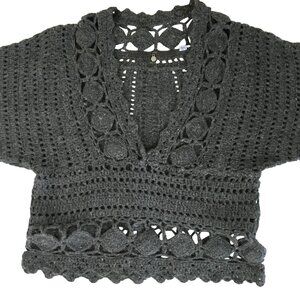 ANTHROPOLOGIE Women Gray Crochet Angora Sweater V-Neck Orenburg Knit Boho XS